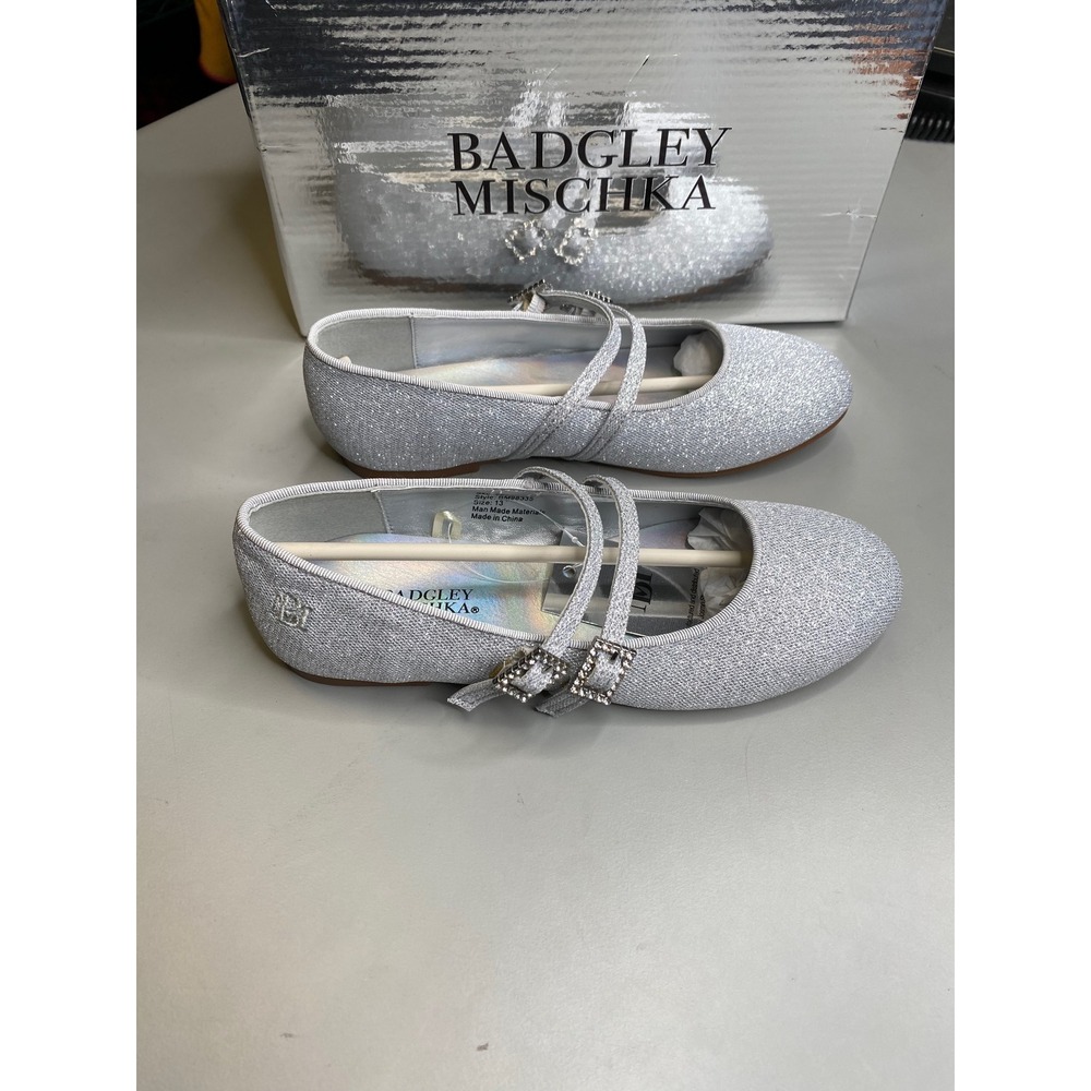 Badgley Mischka Girls Silver Glitter Mary Jane Dress Shoes Rhinestone Buckle 13